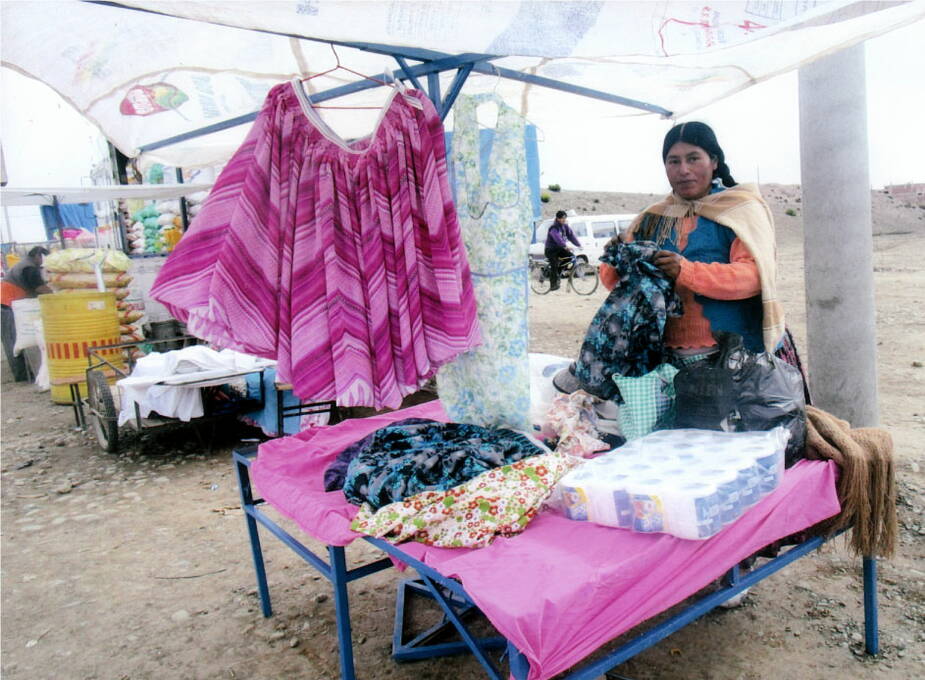 2017: Damit Frau Elisabeth G. in La Paz (Bolivien) selbst genähte Waren anbieten kann, erhält sie Stoff und einen Schirm für ihren Marktstand